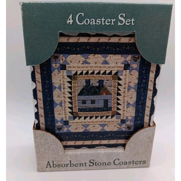 STONE ART Folk Art Absorbent Stone Coasters Set of 4 Cross Stitch Homestead Pict - Picture 2 of 6